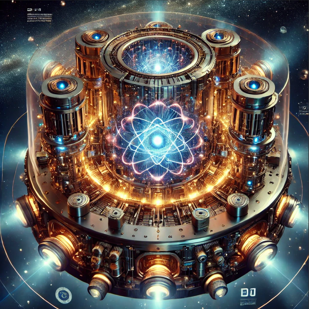 Illustration of a futuristic circular energy device representing the Quantum Resonator concept, with glowing rings and metallic components
