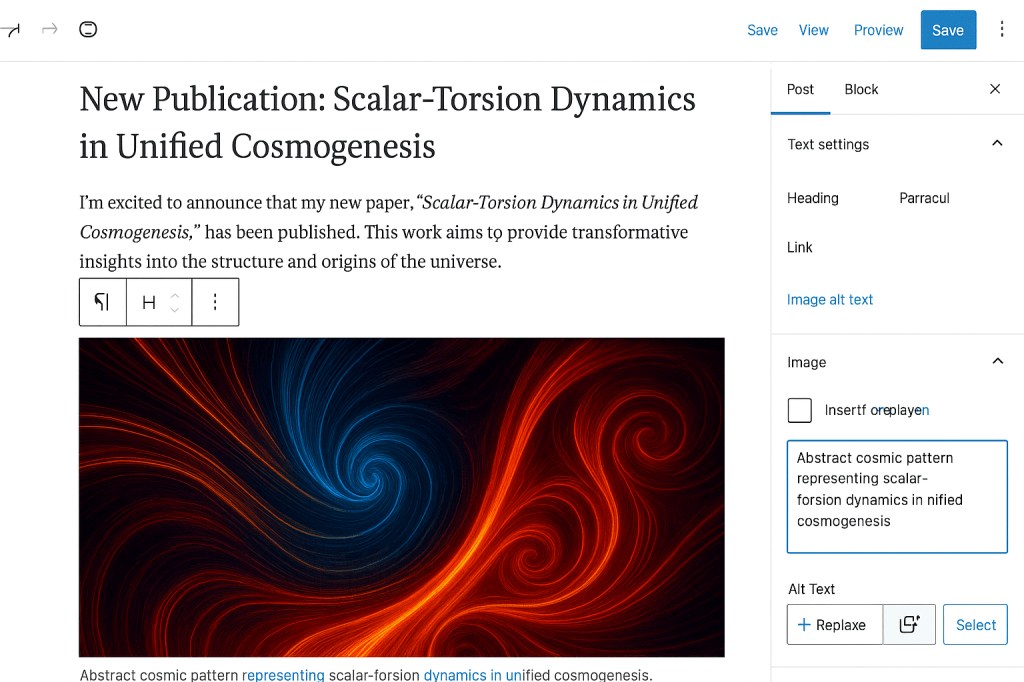 Abstract pattern representing scalar-torsion dynamics with intertwining spirals in red, orange, and blue colors