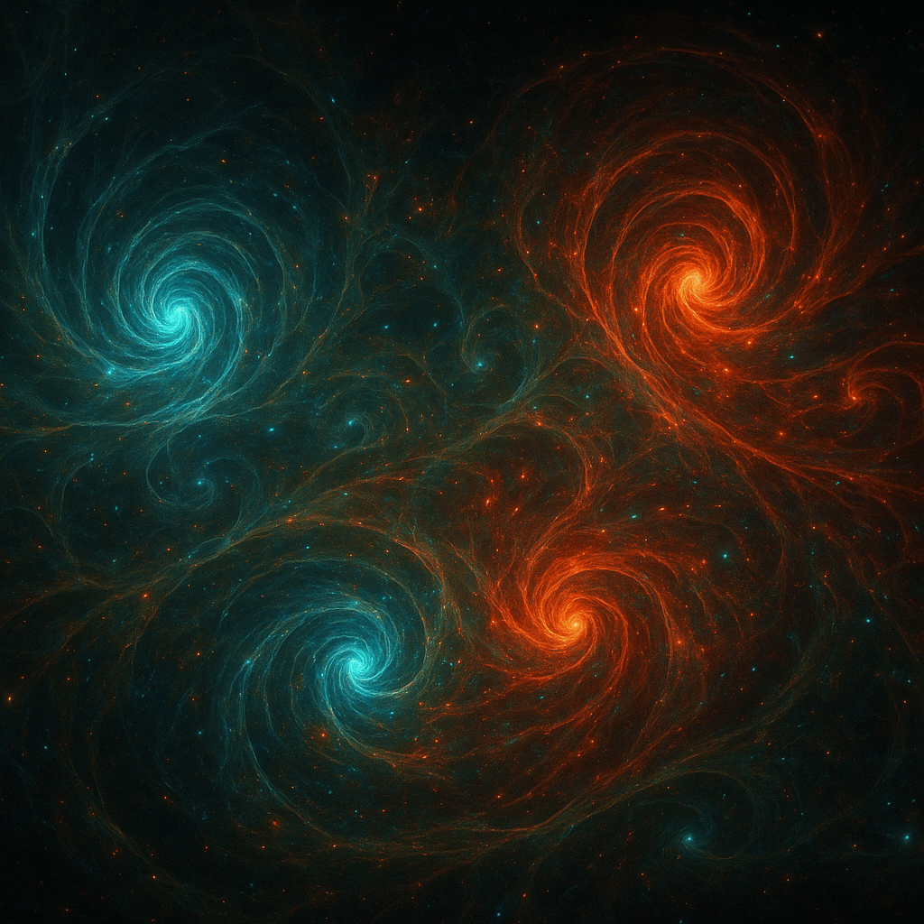 Abstract fractal cosmic simulation representing the birth of multiple universes with swirling blue and orange patterns